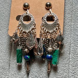 Navajo QT Quoc Sterling Silver Concho Malachite Lapis Dangle Clip Earrings
